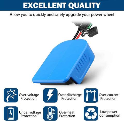 Blue Bosch 18V Battery Power Wheels Adapter Kit with wiring and fuse protection, highlighting quality features and protection icons