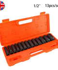 Top Notch 13-Piece Extended Pneumatic Impact Socket Set Crated With Premium Chrome Vanadium Steel Deep Sockets Covering 13mm To 32mm For Heavy Duty Auto Repair And Mechanic Grinds, 1/2" 13pc set in orange case