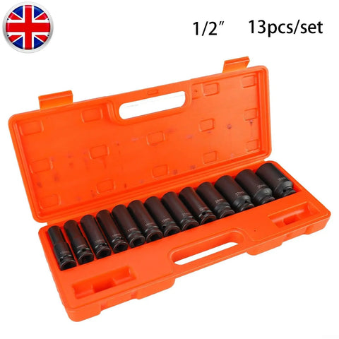 Top Notch 13-Piece Extended Pneumatic Impact Socket Set Crated With Premium Chrome Vanadium Steel Deep Sockets Covering 13mm To 32mm For Heavy Duty Auto Repair And Mechanic Grinds, 1/2" 13pc set in orange case