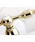 Close-up of polished brass handle of Four Inch Centerset Bathroom Faucet In Polished Brass With Lifetime Drip Free Ceramic Cartridge