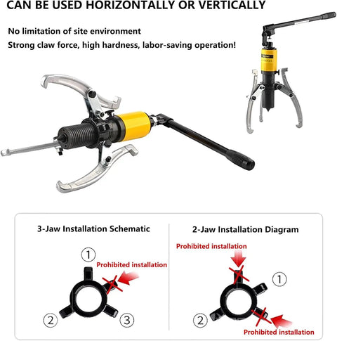 Heavy Duty 10 Ton Hydraulic Gear Puller Kit 22000 Lb 3 Jaw Bearing Remover Wheel Separator Tool showing 3-jaw and 2-jaw setup