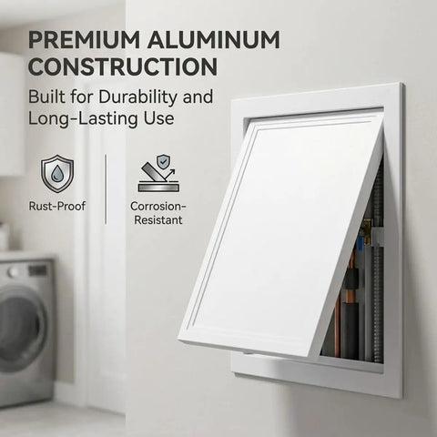 Slick White Attic Access Panel Door For Drywall Featuring Smooth Pull Open Design And Hella Sturdy Aluminum Frame Build Hidden Inspection Hatch Cover For Plumbing Vent Systems 20X29 Inch, showing open access panel with pipes.