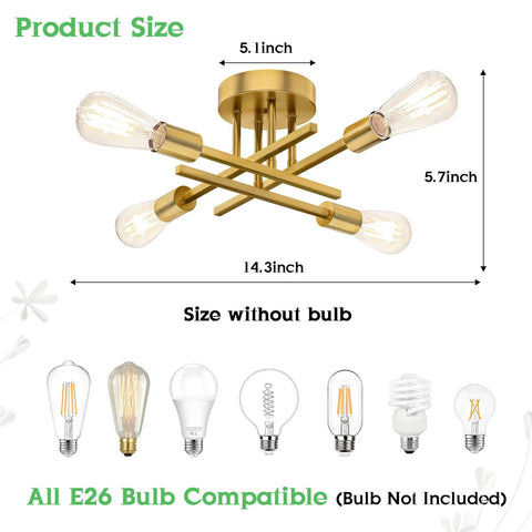 Industrial Gold 4 Light Dope Semi Flush Mount Sputnik Ceiling Light Fixture With E26 Sockets, size details shown
