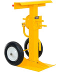 Heavy Duty Rugged Trailer Jack Stand With Slick Rolling Wheels, 41 To 55 Inch Adjustable Height Steel Base, Fold Away Hand Crank, Rock Solid For Shop Tasks - front view with yellow steel frame and wheels
