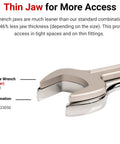 Chrome 2-inch service wrench with thin jaw for tight spots, highlighting 37% thinner design for better access.