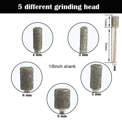 60 Grit Diamond Coated Grinding Bit Sets With One Eighth Inch Shank Cylinder Head Rotary Diamond Burrs In 3mm 4mm 5mm 6mm And 8mm For Jade Grinding Glass Carving Mold Repair Cast Cleaning And Jewelry Polishing