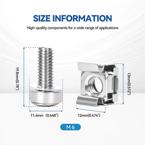 Rock Solid 120 Pack M6 X 20mm Stainless Steel Rack Mount Screws And Cage Nuts Built Tough Server Rack Kit showing screw and cage nut dimensions.