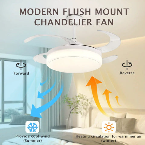 Modern white enclosed 42 Inch Retractable Ceiling Fan With Remote And LED Light in a living room setting
