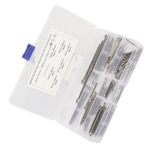 Stainless Steel Cotter Pin Set For Auto Repair And Workshop, 90 Pieces, 304 Grade Fasteners In 6 Sizes shown in clear case
