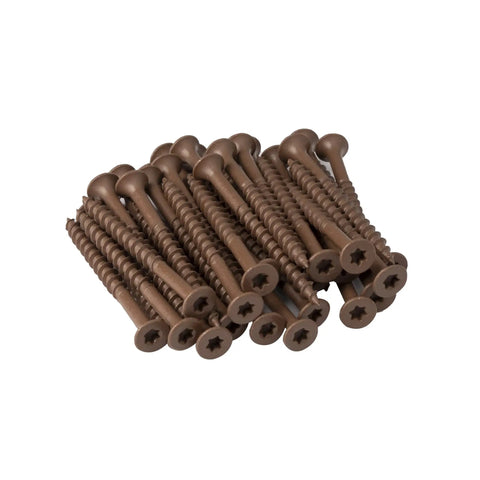 Heavy Duty Brown Deck Screws 400 Count Box Bugle Head Steel Fasteners With Rust Shield Coating for exterior wood work.
