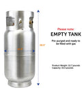 Flame King aluminum forklift propane tank with gauge, empty front view, 33.5 lb capacity
