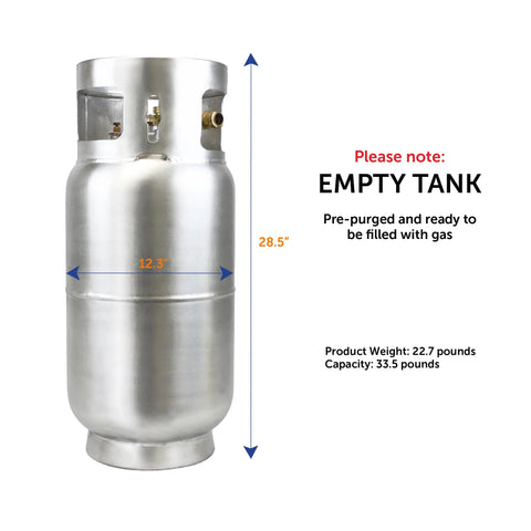 Flame King aluminum forklift propane tank with gauge, empty front view, 33.5 lb capacity