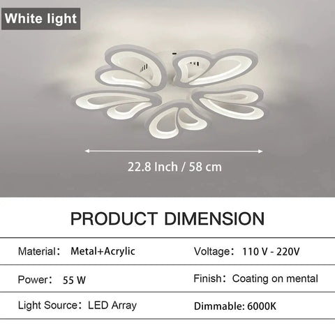 Dope Modern LED Flush Mount Ceiling Light 55W Five Petal Metal Flower Chandelier With Acrylic Diffuser dimensions view