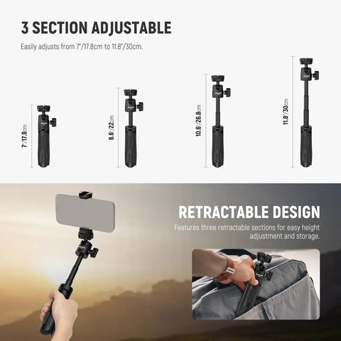Adjustable Tiny But Mighty Mini Desk Selfie Stick Tripod with retractable sections for iPhone GoPro Insta360 Android Webcams