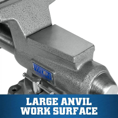 Mechanics Pro Bench Vise With Six And A Half Inch Jaw Width And Six Inch Jaw Opening For Precise Grips And Heavy Duty Metalworking Four And Three Eighth Inch Throat Sixty Thousand PSI Ductile Iron Construction With Enclosed Spindle And Needle Roller For anvil work surface