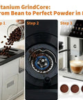 Top Shelf Super Automatic Espresso Maker With Built In Grinder And Dual Boiler Milk Frother For Pulling Seven Killer Shots At Home Featuring Slick Self Cleaning Tech And Absolute Barista Vibes In Silver Finish showing bean pouring, grinding, and espresso shot process.