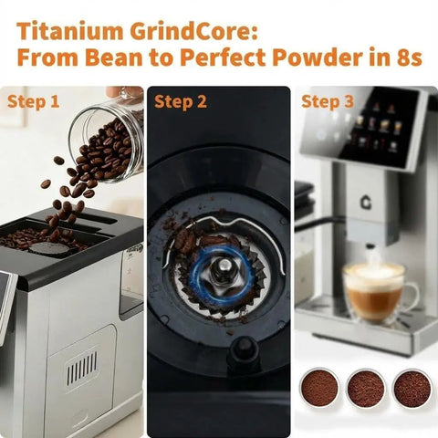 Top Shelf Super Automatic Espresso Maker With Built In Grinder And Dual Boiler Milk Frother For Pulling Seven Killer Shots At Home Featuring Slick Self Cleaning Tech And Absolute Barista Vibes In Silver Finish showing bean pouring, grinding, and espresso shot process.