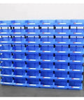Heavy Duty Parts Rack With 48 Compartments Blue Floor Standing Tool Organizer For Garage showing multiple blue bins arranged for storage.