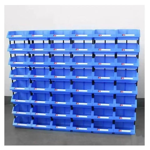 Heavy Duty Parts Rack With 48 Compartments Blue Floor Standing Tool Organizer For Garage showing multiple blue bins arranged for storage.