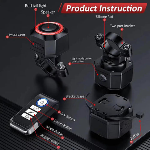 Sticky Bike Alarm Taillight For Happy E-Bike Offroad MTB That Stops Thieves With Sensitive Vibration Sensor To Save Your Ride And Keep You Safe On Dark City Streets With Bright Warning Modes, black ABS bracket