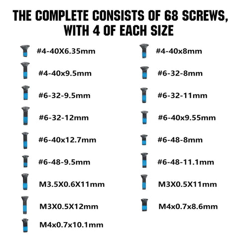 68 Piece Screw Set For Red Dot Sights And Optics Mounts With 17 Screw Types In Inch And Metric Sizes chart