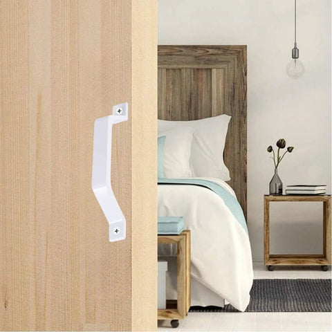 2 Pack Sliding Barn Door Handles In White, 6.1 Inch Long Aluminum Alloy Gate Handles, Installed on Wooden Door in Bedroom