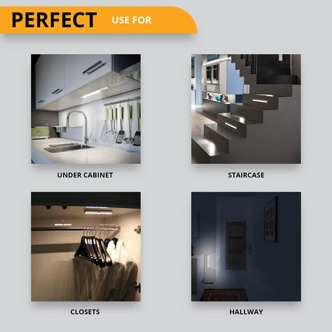 Battery Operated LED Motion Sensor Lights Stick On Under Cabinet Lighting With 10 LEDs Magnetic Wireless Night Lights showing usage areas