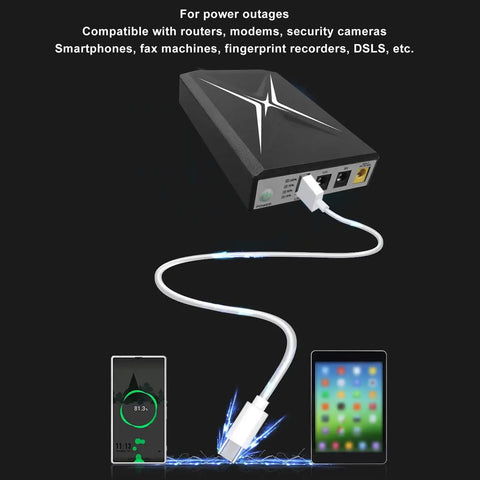 10400mAh Mini UPS Battery Backup With Dual Inputs Uninterruptible Power Supply for security cameras and routers shown with connected devices.