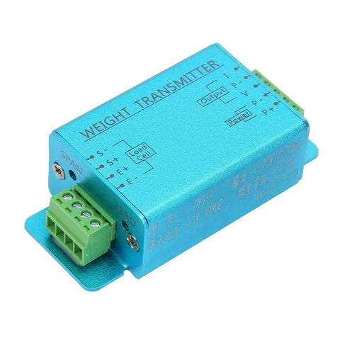Heavy Duty Load Cell Amplifier And Weight Transmitter For 4 To 20mA And 0 To 10V Outputs With Quick Signal Boost Easy Setup And Precise Sensing Workhorse Reliability For Industrial Scales blue aluminum module with green terminal blocks