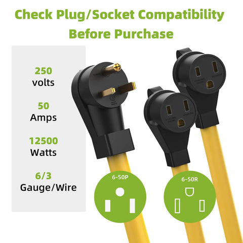 Kickass Heavy Duty 50 Amp NEMA 6-50P To Dual 6-50R Y Splitter Adapter Cord For Welders And EV Chargers with voltage and amp details.