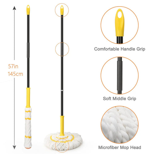 Self Wringing Twist Mop With Long 57 Inch Handle Microfiber Floor Mop With Top Scrub Pad for detailed parts and measurements
