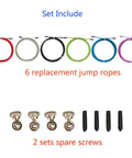 Image of six pack 10ft replacement jump rope cables in various colors with end caps and spare screws displayed.