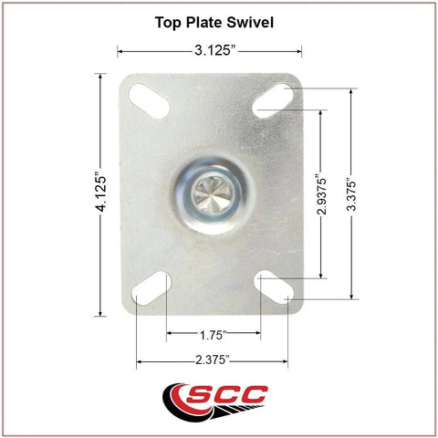 Front view of top plate swivel mounting plate with four oblong mounting slots and center screw; SCC logo.