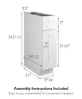 Shaker Style Unassembled Base Kitchen Cabinet 9 W x 24 D x 34.5 H Brown With Solid Wood Face And Door Frame, 1 Door, 1 Drawer, Adjustable Shelf, Soft Close Doors, Built To Last Craftsmanship with dimensions.