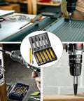 12 Piece Damaged Screw Extractor Set For Stripped Screws And Bolts with portable case, drill in use on metal and wood surfaces