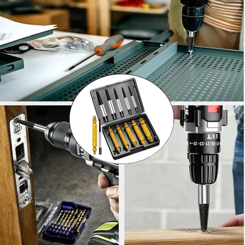 12 Piece Damaged Screw Extractor Set For Stripped Screws And Bolts with portable case, drill in use on metal and wood surfaces