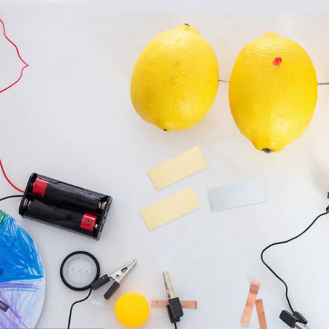 Fruit battery setup with lemons, wires, Copper And Zinc Electrode Strips 20 Pcs DIY Science Kit For Classrooms And Labs, electronics tools
