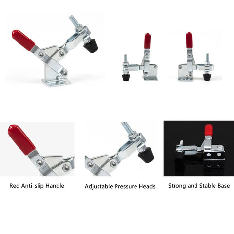 12 Pack Vertical Toggle Clamp Set Heavy Duty 200 Pound Holding Capacity Quick Release 102 B Style For Woodworking Smokers Doors Cabinets And Tool Boxes Made From Carbon Steel With Red Vinyl Coated Handle, red handle and adjustable pressure head