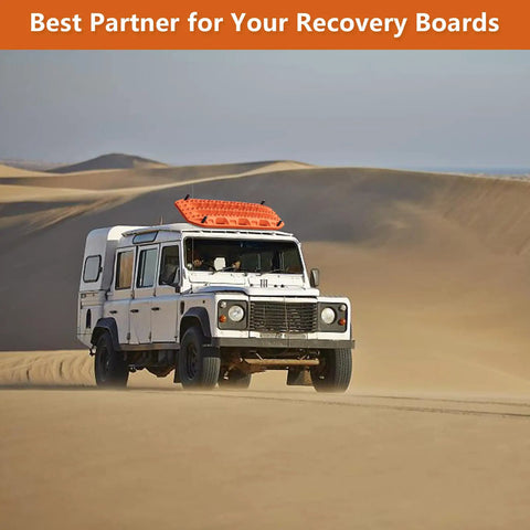 Off-road vehicle with Mounting Pins Kit For MaxTrax MKII Recovery Boards on roof, desert landscape, secure attachment gear
