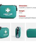 Ultra Compact 150 Piece First Aid Kit With Hard Shell, Emergency Medical Kit displayed in a lightweight green case with dimensions.