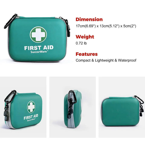 Ultra Compact 150 Piece First Aid Kit With Hard Shell, Emergency Medical Kit displayed in a lightweight green case with dimensions.