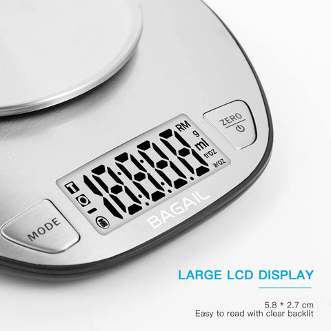 Digital Kitchen Scale With Large Clear Display And Stainless Steel Mixing Bowl For Wet And Dry Foods, close-up on display