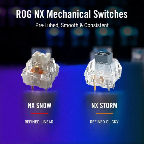 ROG NX Mechanical Switches featuring NX Snow refined linear and NX Storm refined clicky designs for buttery smooth performance.