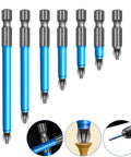 Set of seven blue and silver Pro Grade Magnetic Anti Slip Drill Bit Set With Seven Phillips Bits In S2 Alloy Steel Long Bits One Quarter Inch Hex Shank PH2 Fine Tooth Design And Strong Magnetism For Versatile 25mm To 150mm Range displayed in a row with close-up insets showing fine tooth design and magnetism effect.