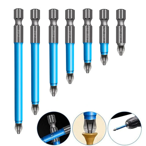 Set of seven blue and silver Pro Grade Magnetic Anti Slip Drill Bit Set With Seven Phillips Bits In S2 Alloy Steel Long Bits One Quarter Inch Hex Shank PH2 Fine Tooth Design And Strong Magnetism For Versatile 25mm To 150mm Range displayed in a row with close-up insets showing fine tooth design and magnetism effect.