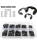 580 Piece Assorted Retaining Ring And O Ring Kit, 1-10 mm, black carbon steel, external E-clips, snap rings, in compartment box