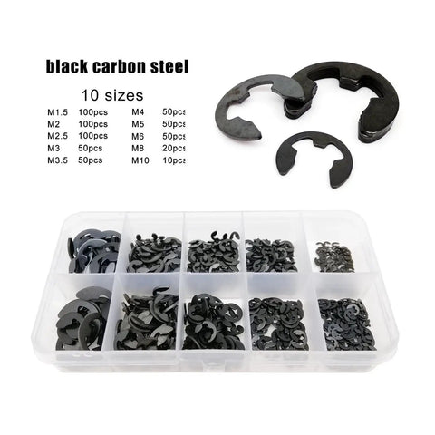 580 Piece Assorted Retaining Ring And O Ring Kit, 1-10 mm, black carbon steel, external E-clips, snap rings, in compartment box