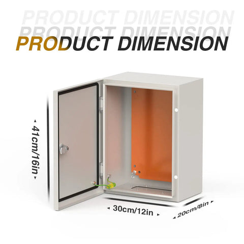 Product dimensions showing Beefy Steel Enclosure Box 16 X 12 X 8 Inches IP66 Waterproof Dustproof Electrical Junction Cabinet