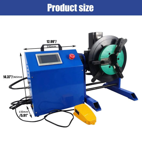 Build Tough Rotary Welding Positioner With Plug And Play Plc Touchscreen 50 Kg Capacity and 7 87 Inch 3 Jaw Chuck size dimensions with display.