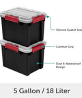 Six Pack Five Gallon Waterproof Storage Totes IP68 Submersible Plastic Bins With Airtight Silicone Seals stacked and labeled